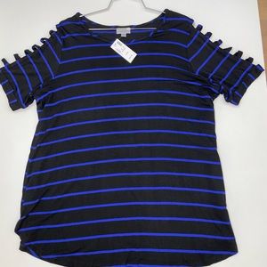 Avenue Blue and Black Striped Lattice Sleeve T